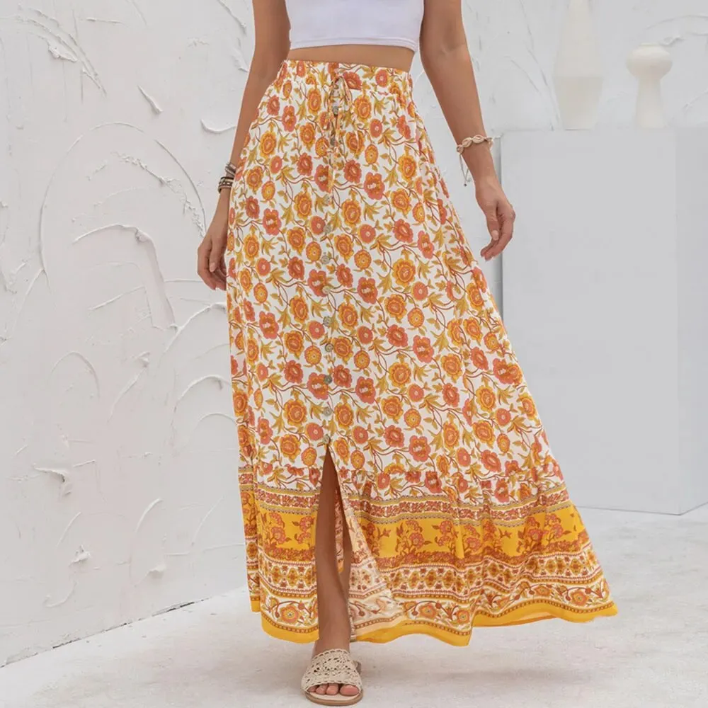 Boho Floral Print Long Skirts With Buttons - 4 colours