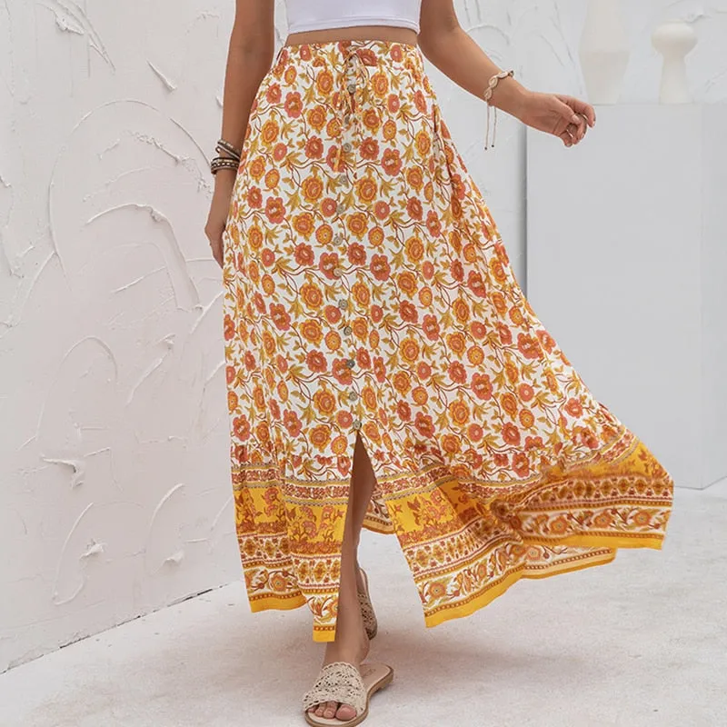 Boho Floral Print Long Skirts With Buttons - 4 colours