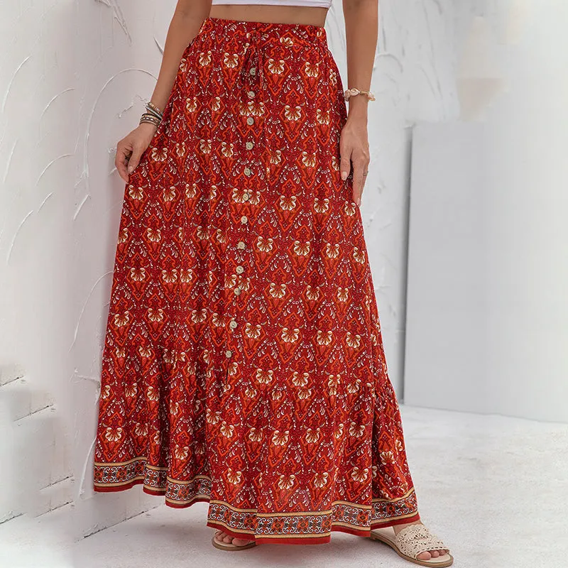 Boho Floral Print Long Skirts With Buttons - 4 colours