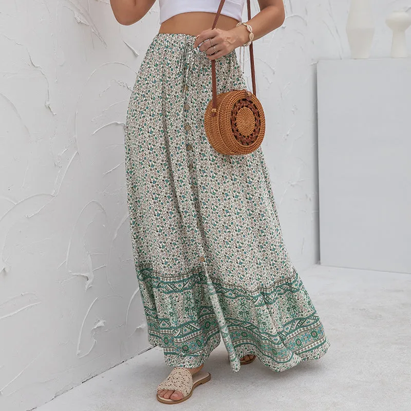 Boho Floral Print Long Skirts With Buttons - 4 colours