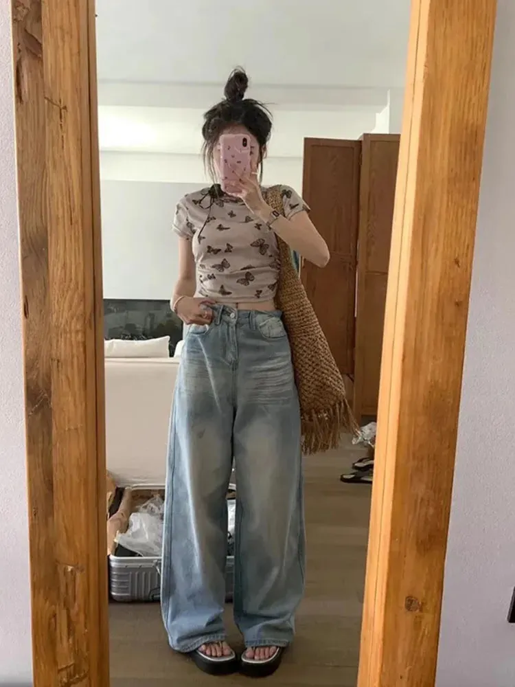 Bonnyshow New Design Denim Wide Leg Pants High Waist Fashion Full Length Trousers Show Thin Casual Korean Retro Jeans Trend High Quality