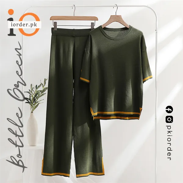 Bottle Green Slit Short Sleeve T-shirts and High Waist Wide Leg Pants