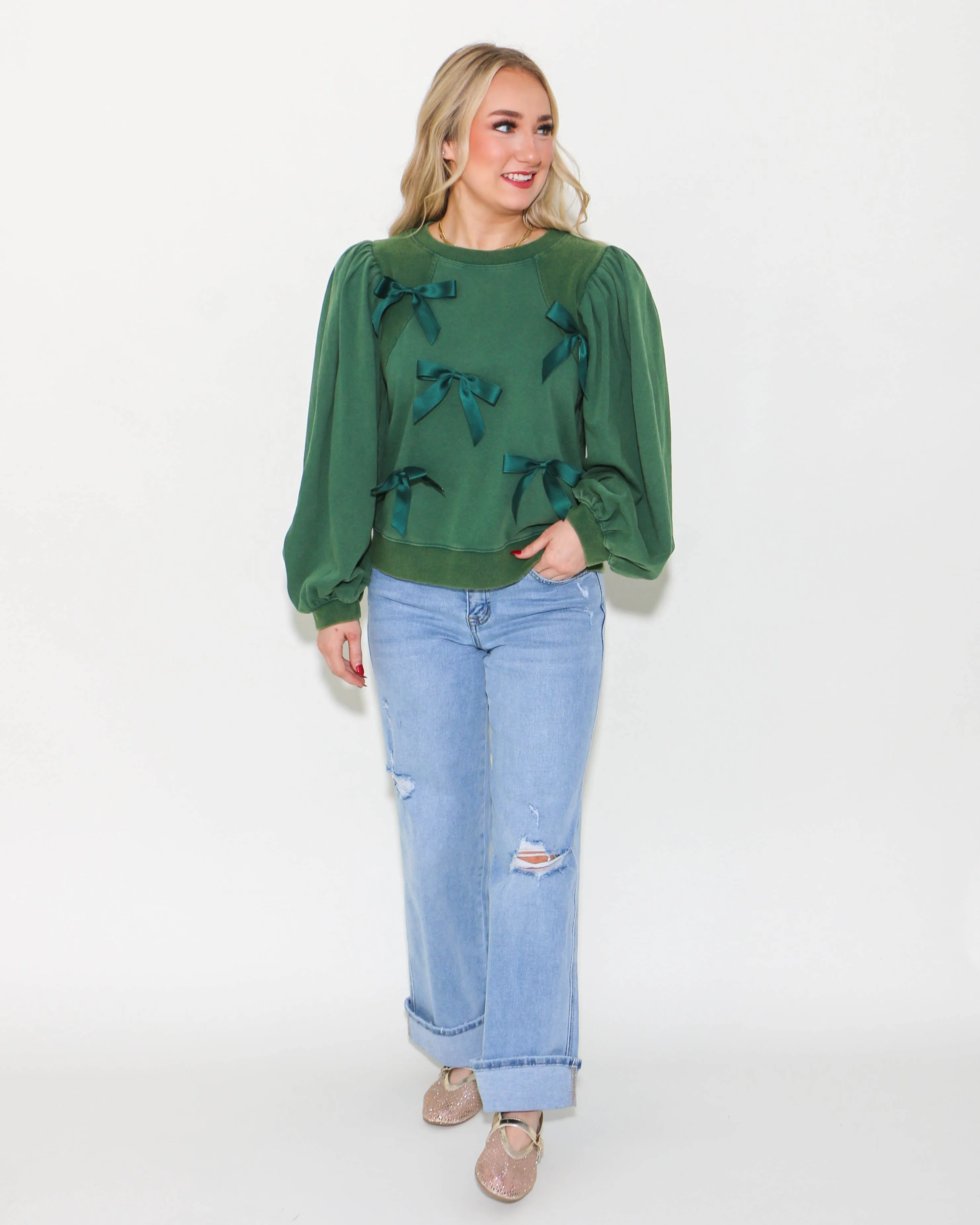 Bow Ties Patch Sweatshirt Top in Hunter Green