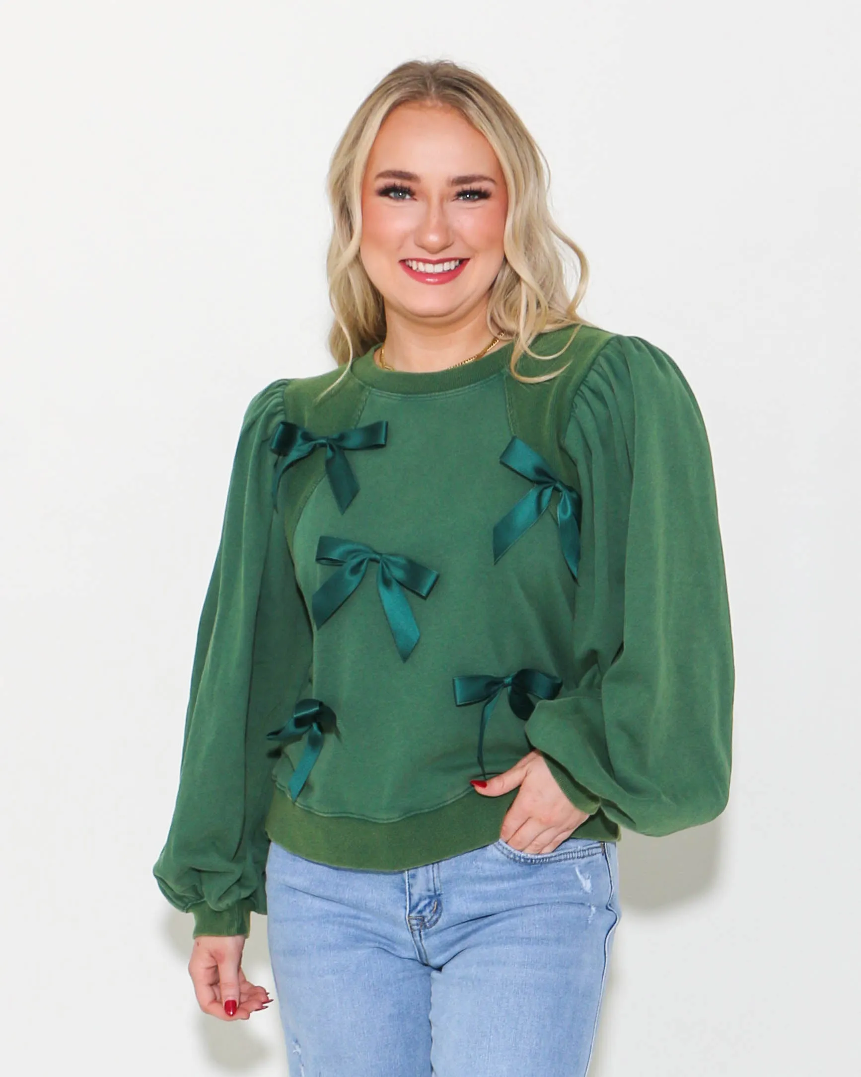 Bow Ties Patch Sweatshirt Top in Hunter Green