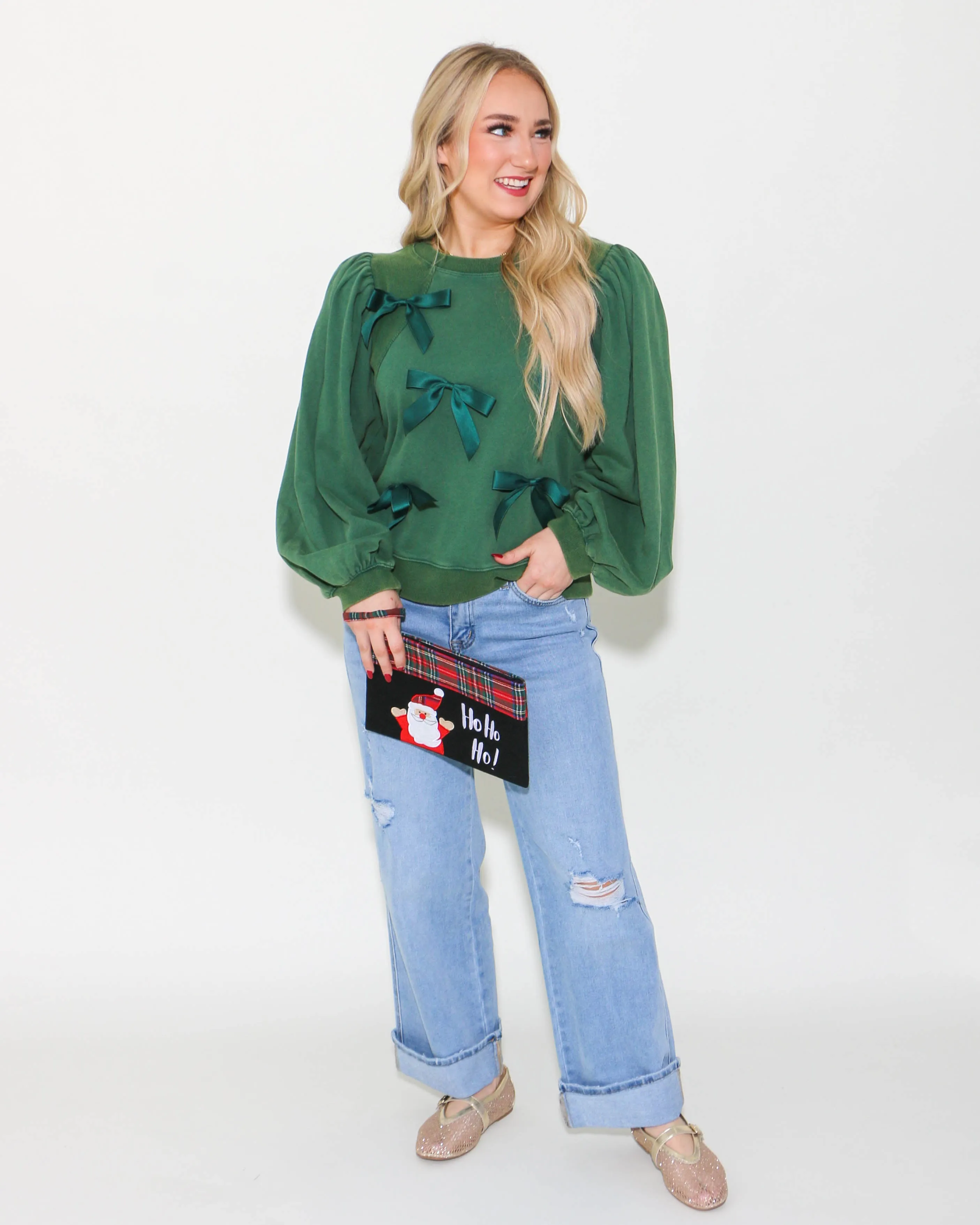 Bow Ties Patch Sweatshirt Top in Hunter Green