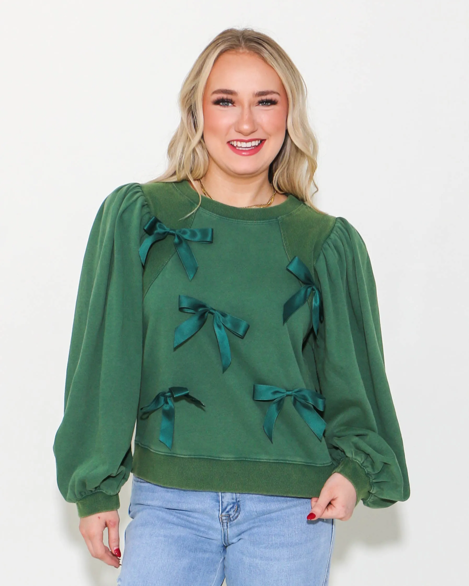 Bow Ties Patch Sweatshirt Top in Hunter Green