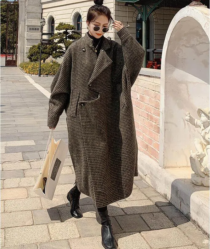 Brown Houndstooth Maxi Wool Coat with Long Sleeves for Women