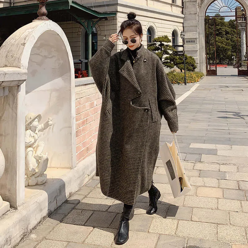 Brown Houndstooth Maxi Wool Coat with Long Sleeves for Women