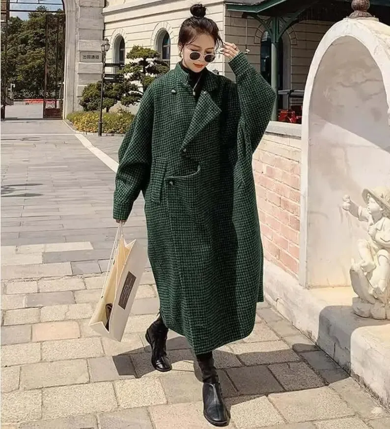 Brown Houndstooth Maxi Wool Coat with Long Sleeves for Women