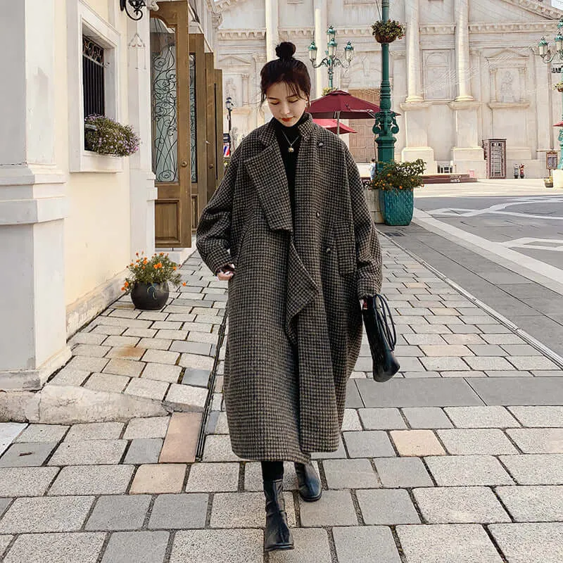 Brown Houndstooth Maxi Wool Coat with Long Sleeves for Women