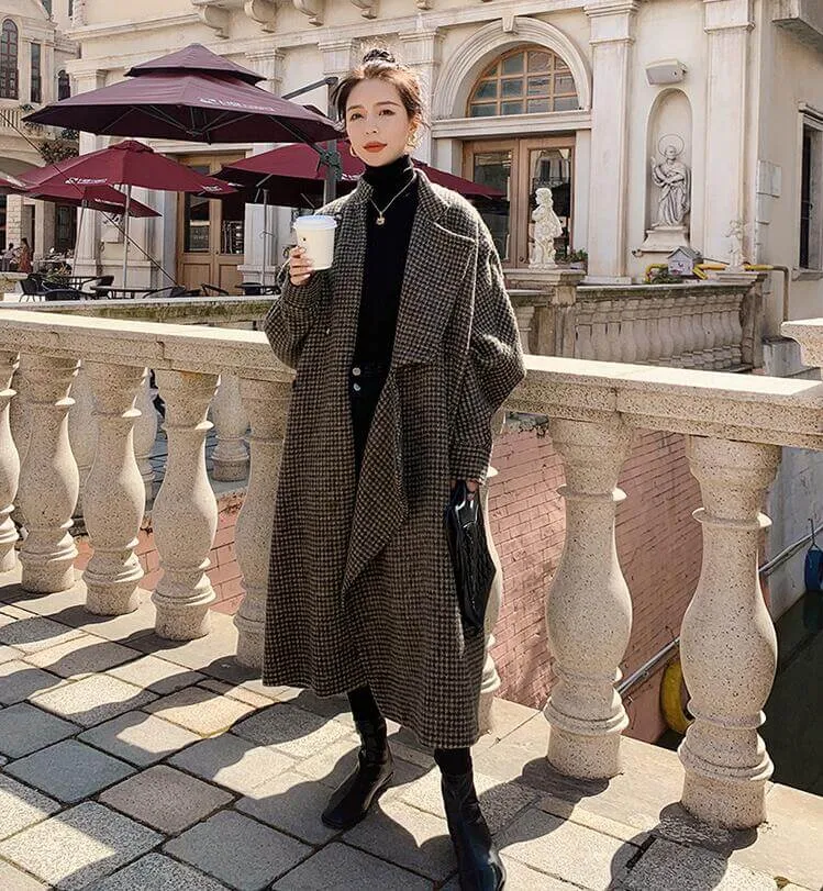 Brown Houndstooth Maxi Wool Coat with Long Sleeves for Women