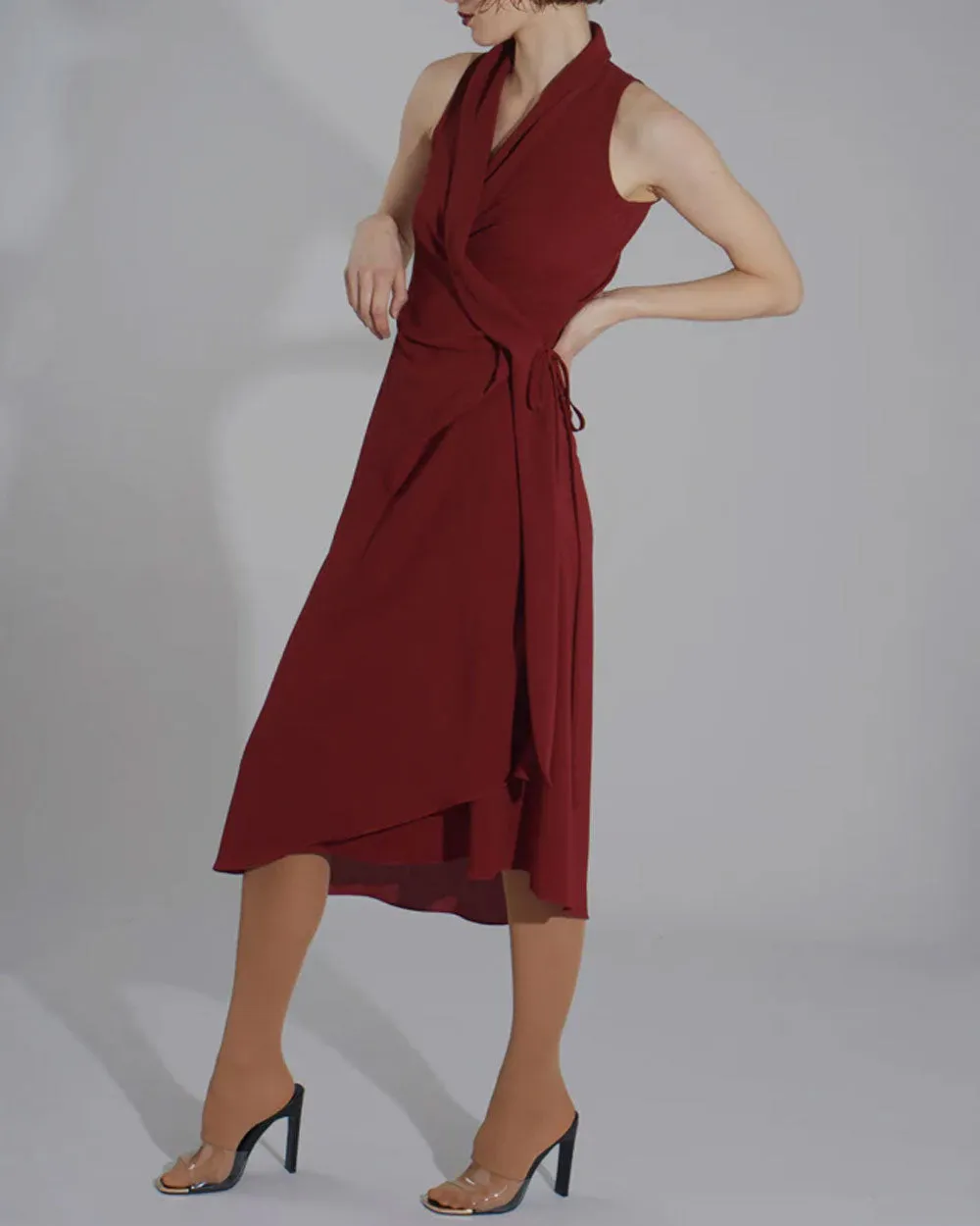 Burgundy Crinkle Georgette Braid Wrap Dress