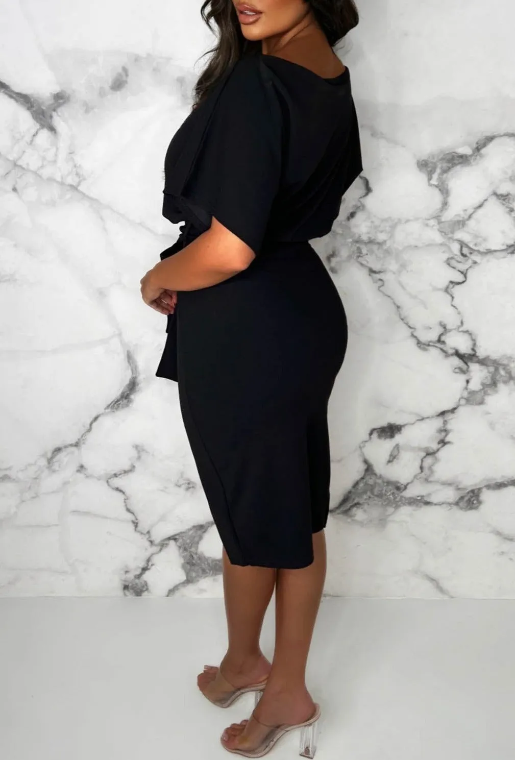 Came Here For Love Black Belted Wrap Front Midi Dress