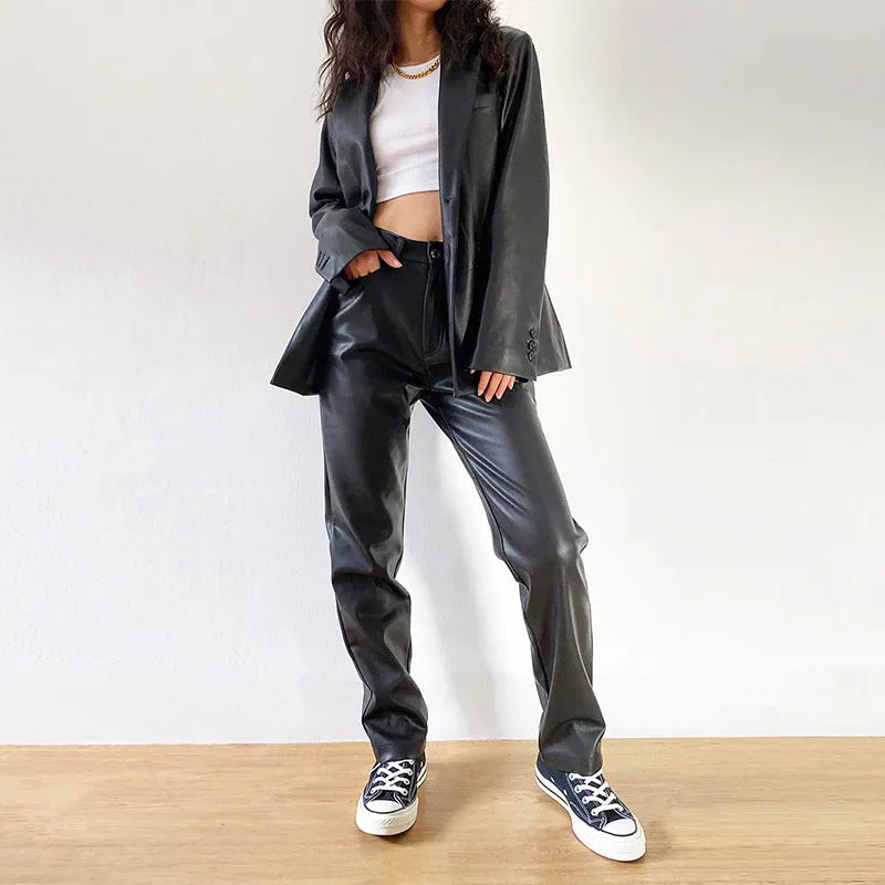 Cargo Pants Women Black Faux Leather High Waist Pant Straight Trouser