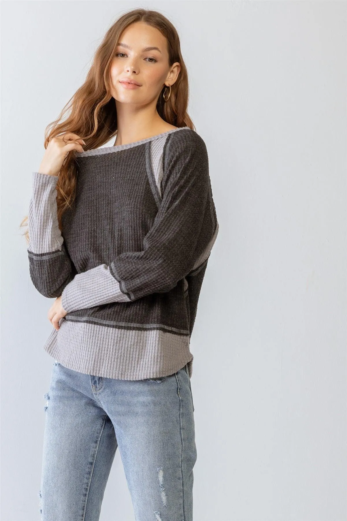 Charcoal & Grey Colorblock Waffle Knit Long Sleeve Top  S-M-L/2-2-2