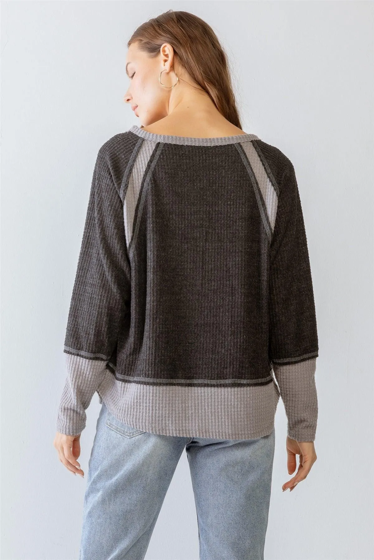 Charcoal & Grey Colorblock Waffle Knit Long Sleeve Top  S-M-L/2-2-2