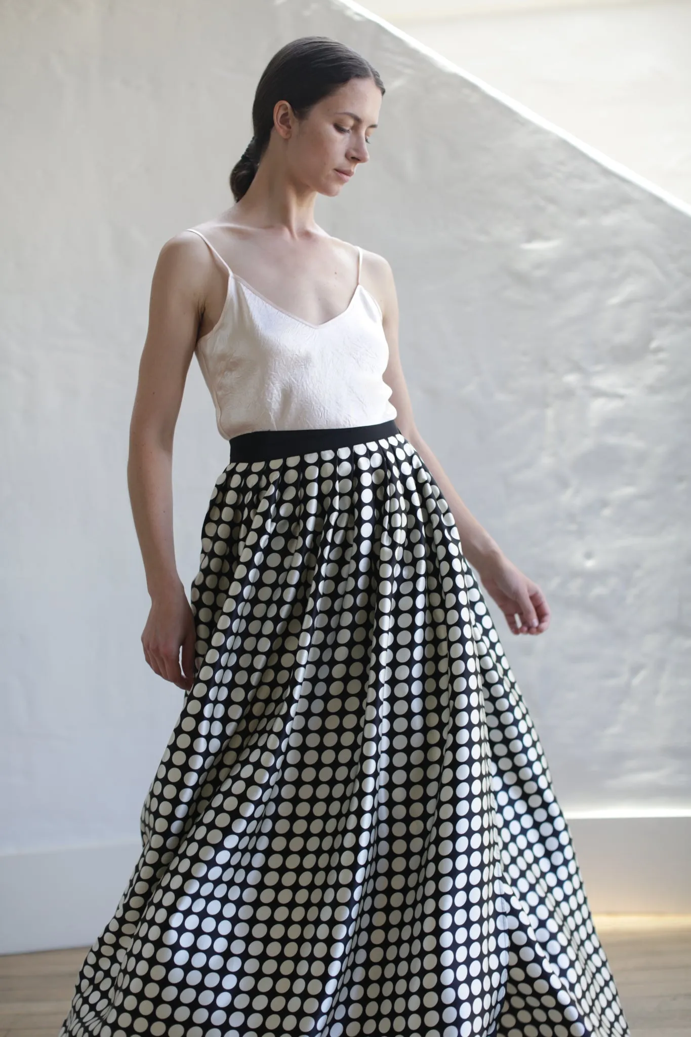 Charmeuse Pleated Long Wrap Skirt | Big Polkadot