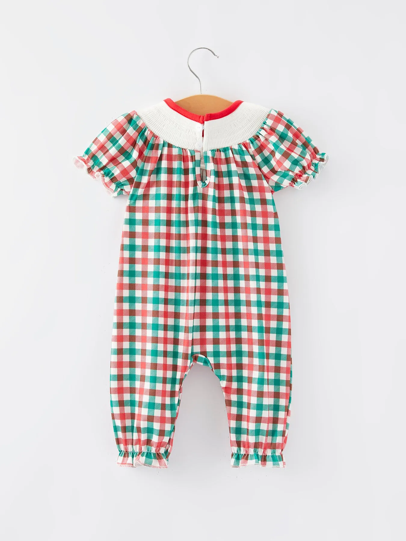 Christmas Plaid Smocking Embroidered Girls Romper