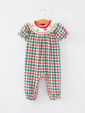 Christmas Plaid Smocking Embroidered Girls Romper