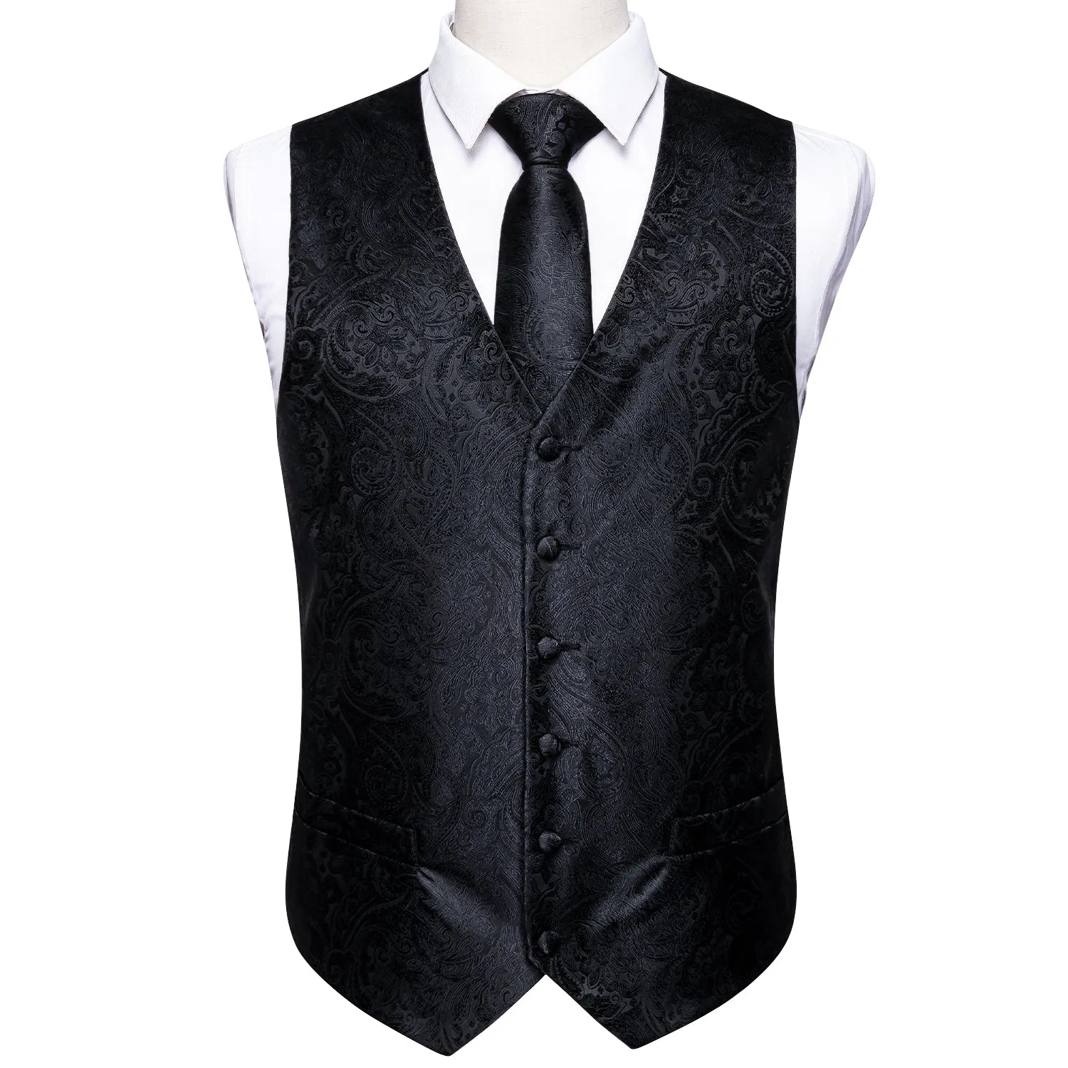 Classic Black Paisley Men's Vest Tie Hanky Cufflinks Set Waistcoat Suit Set