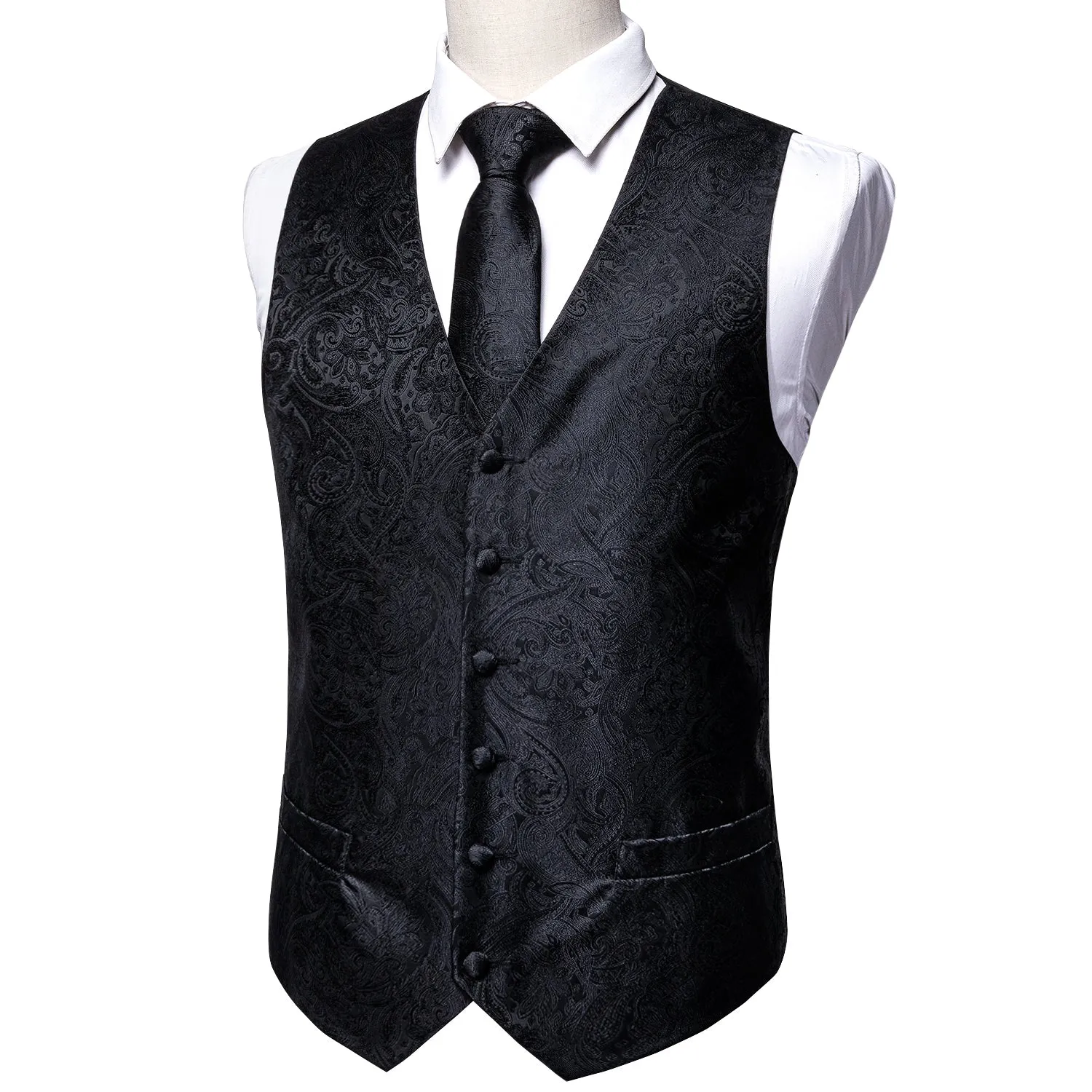 Classic Black Paisley Men's Vest Tie Hanky Cufflinks Set Waistcoat Suit Set