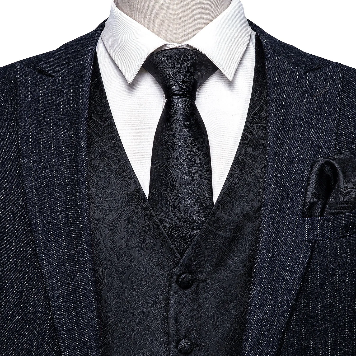 Classic Black Paisley Men's Vest Tie Hanky Cufflinks Set Waistcoat Suit Set