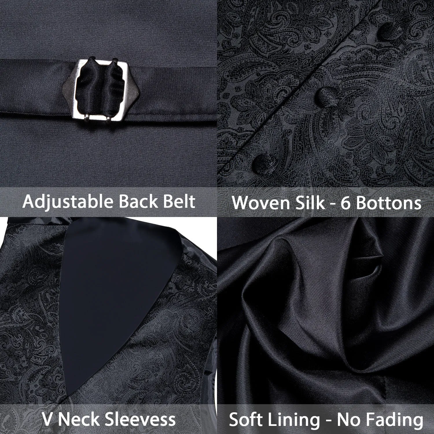 Classic Black Paisley Men's Vest Tie Hanky Cufflinks Set Waistcoat Suit Set