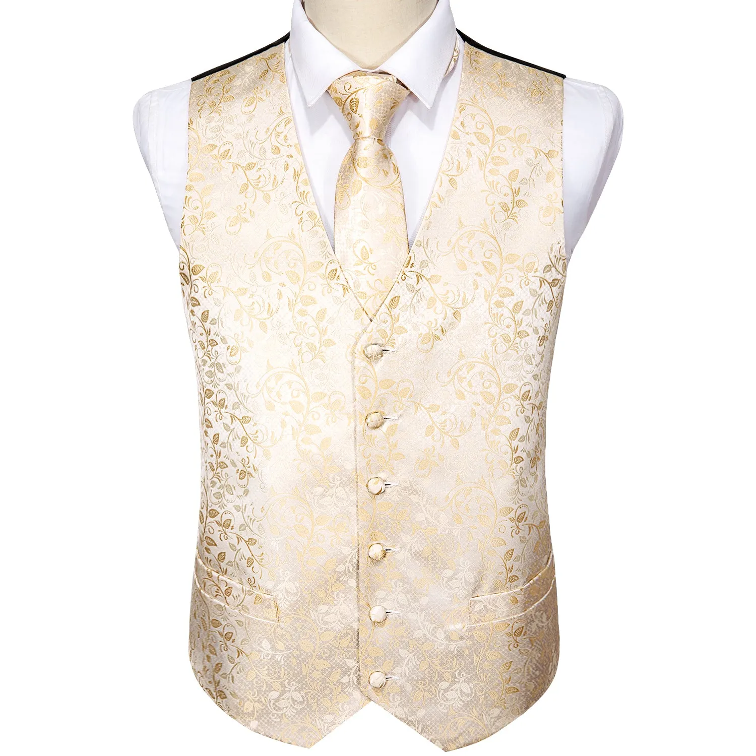 Classic Champagne Floral Jacquard Silk Men's Vest Hanky Cufflinks Tie Set