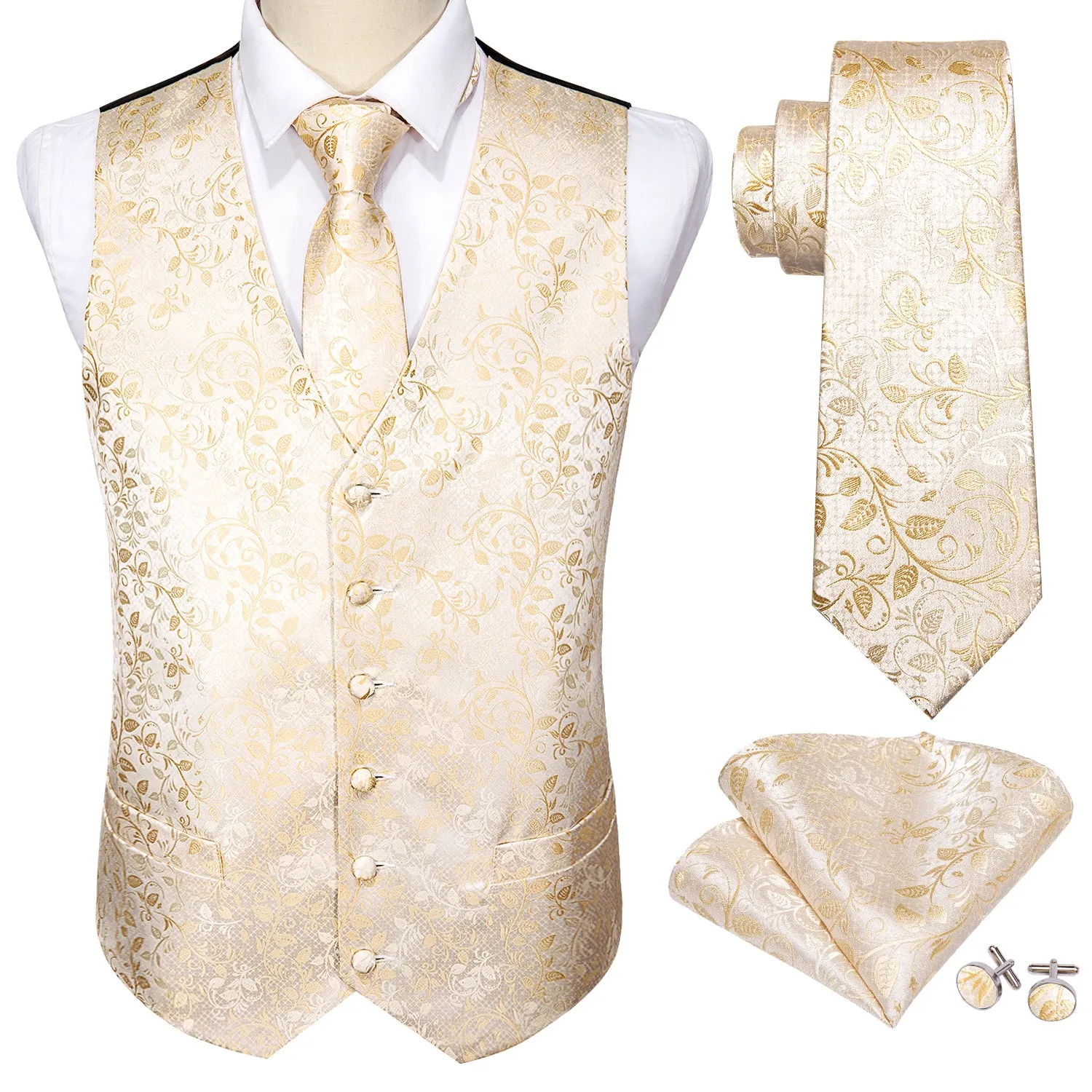 Classic Champagne Floral Jacquard Silk Men's Vest Hanky Cufflinks Tie Set