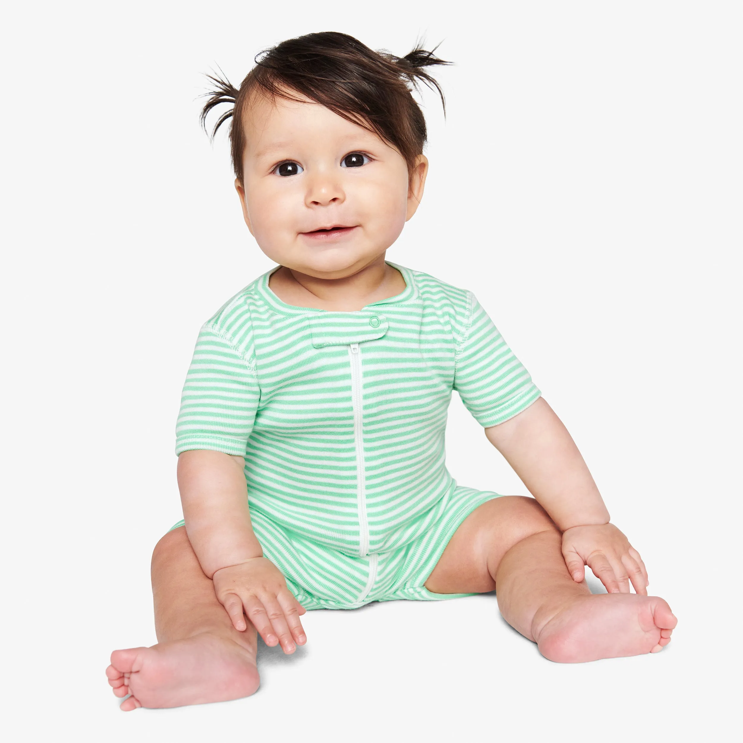 Clearance baby organic short sleeve zip romper in mini stripe