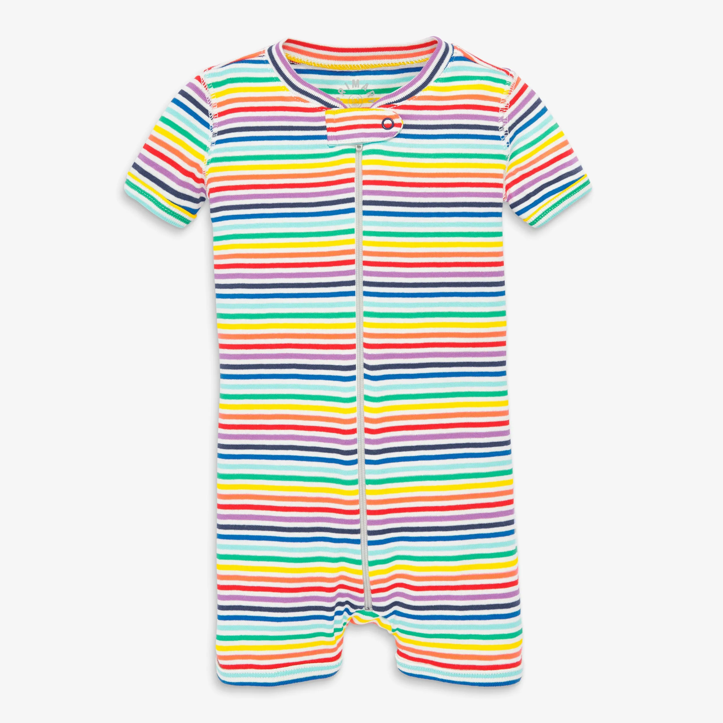 Clearance baby organic short sleeve zip romper in rainbow mini stripe