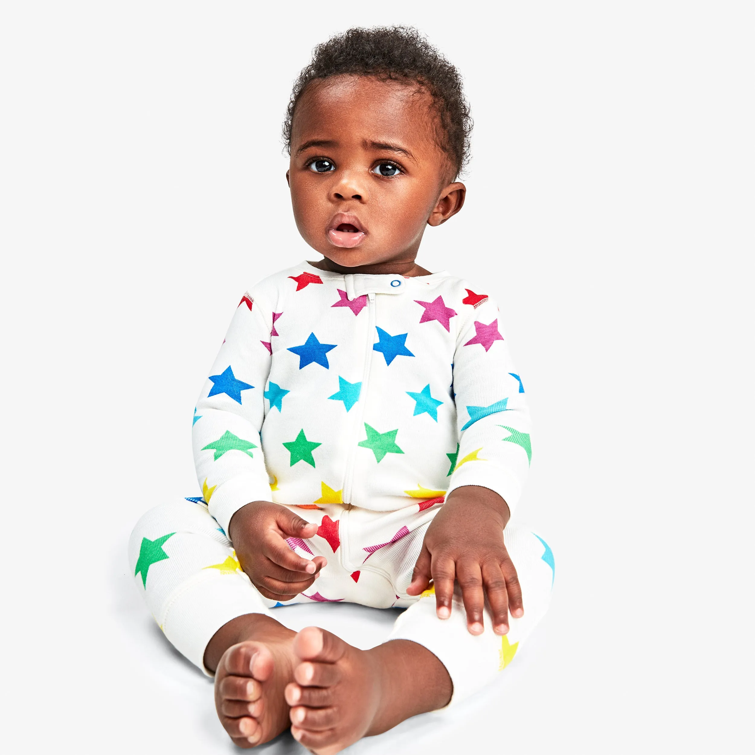 Clearance baby organic zip romper in bright rainbow stars