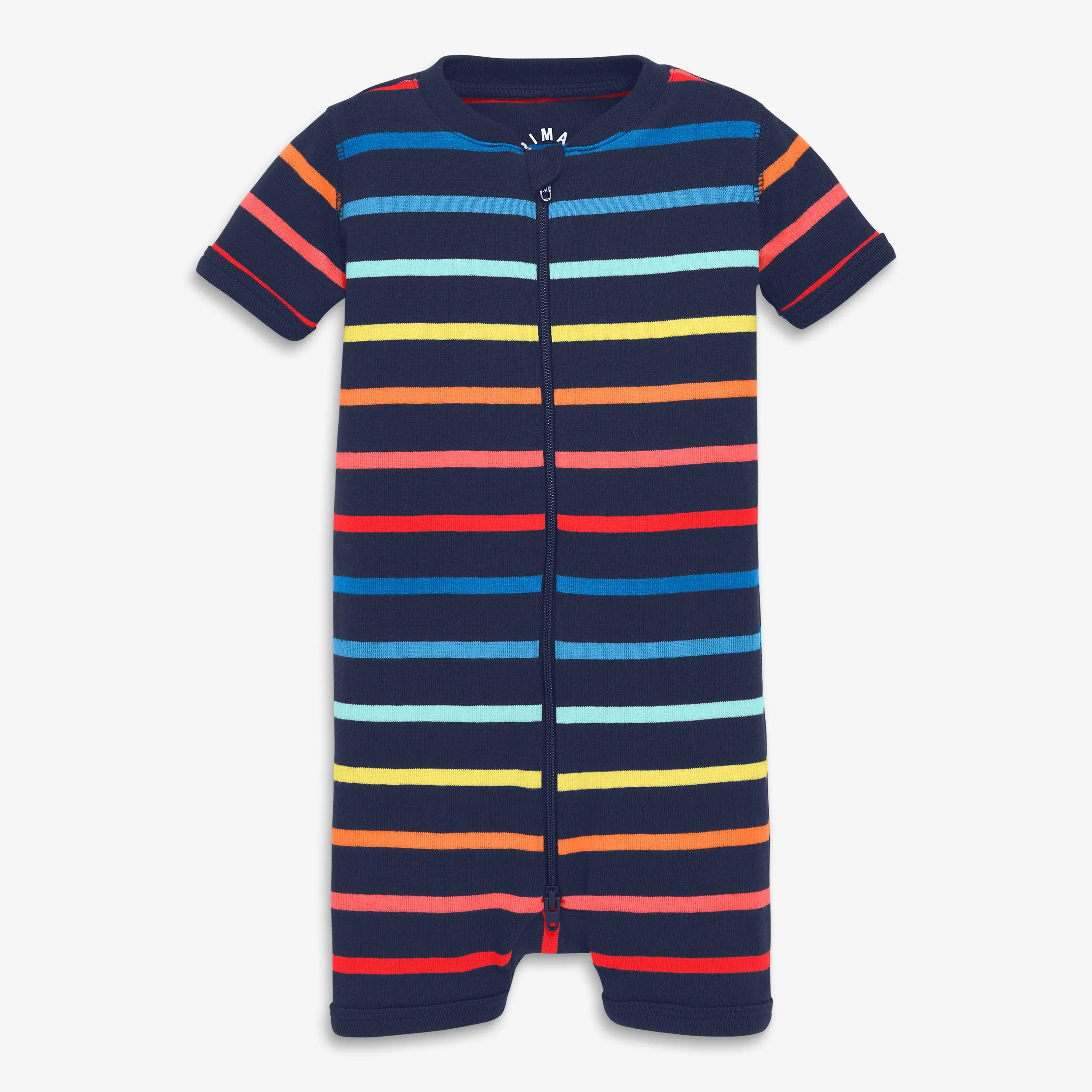 Clearance kids organic short sleeve zip romper in sunrise rainbow stripe