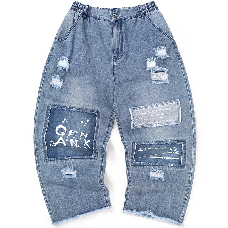 Color Block Ripped Letter Print Straight Jeans