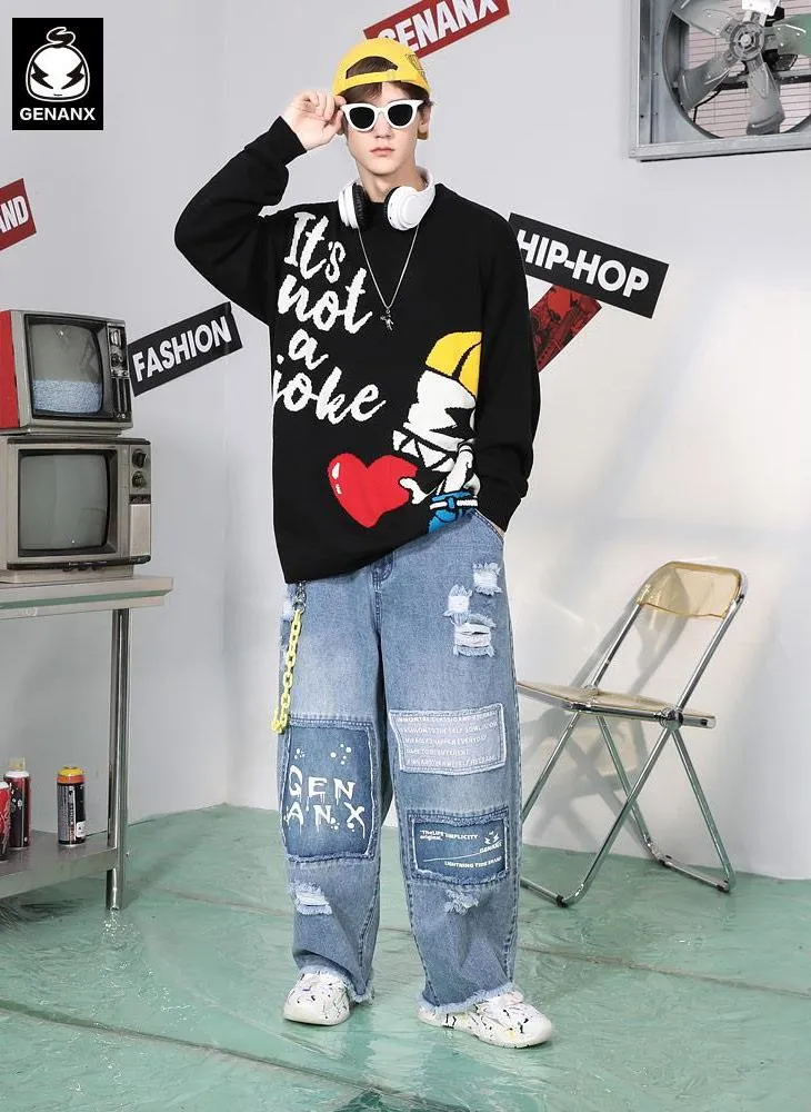 Color Block Ripped Letter Print Straight Jeans