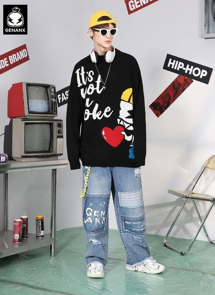 Color Block Ripped Letter Print Straight Jeans