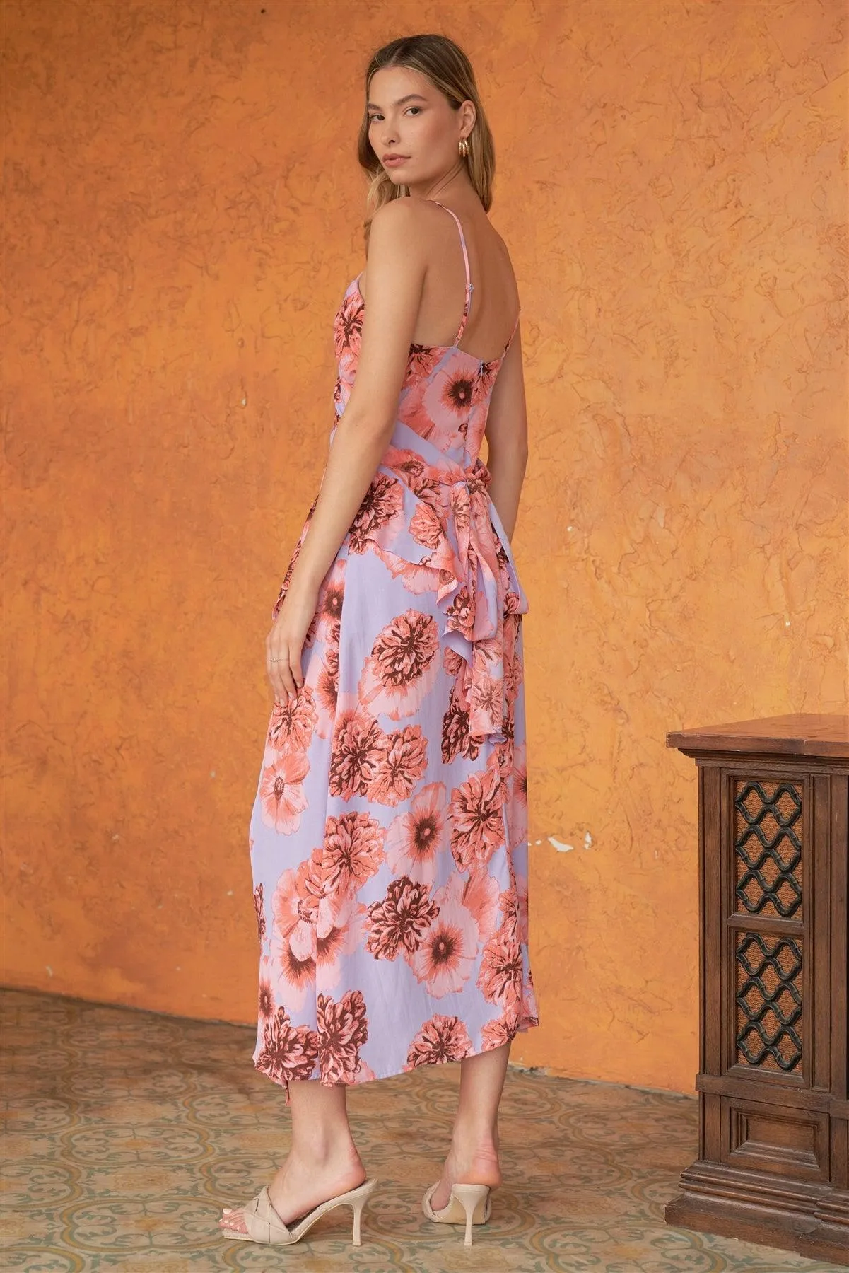 Coral & Lilac Floral Print Sleeveless Self-Tie Wide Wrap Front Ruffle Hem Side Slit Detail Midi Dress /3-2-1