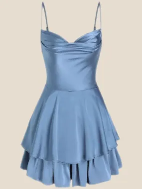 Cowl Neck Dusty Blue Ruffles Short Princess Dress