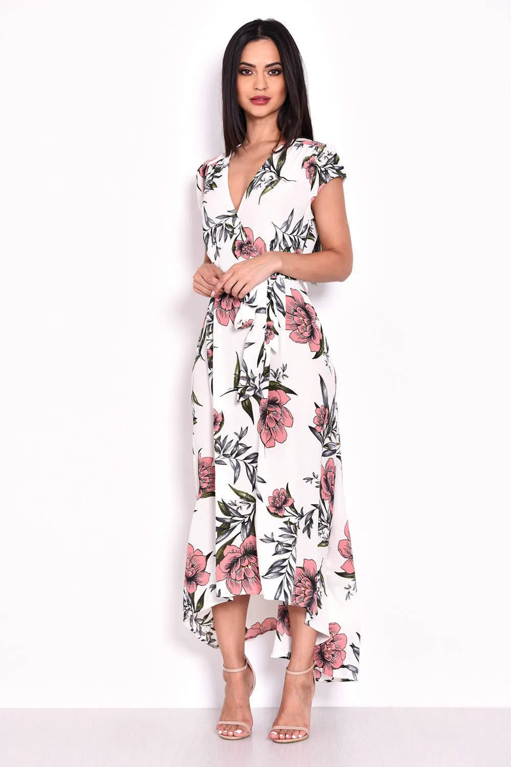 Cream Floral Maxi Wrap Dress