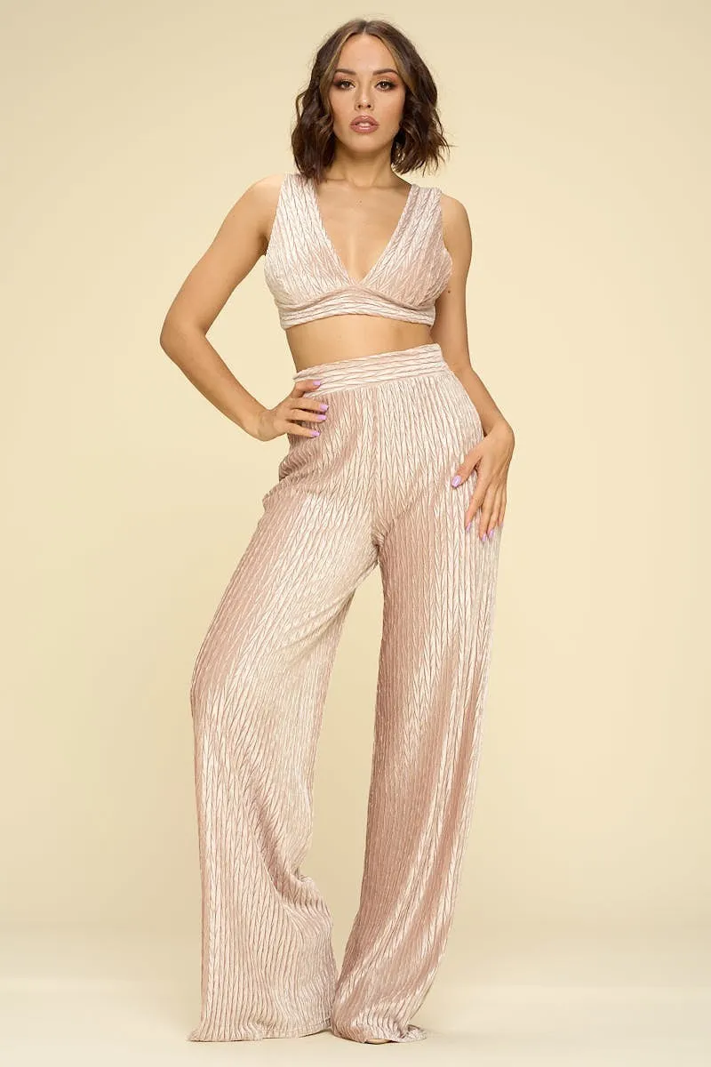 Crushed Velvet Plunging Neck Tank Top And High Waist Palazzo Pants Set