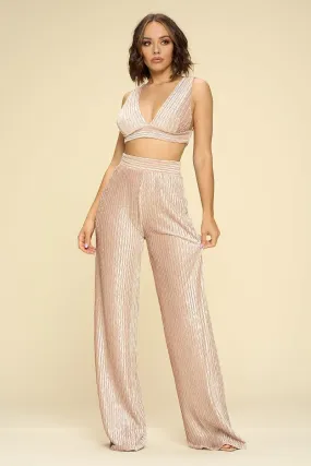 Crushed Velvet Plunging Neck Tank Top And High Waist Palazzo Pants Set