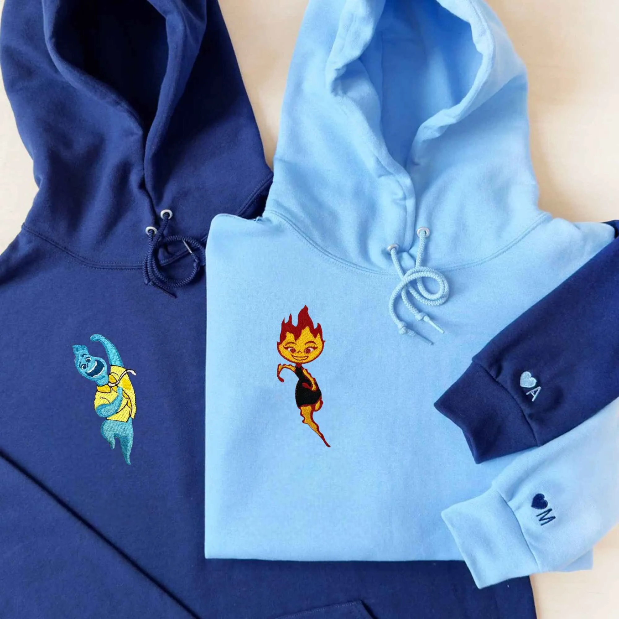 Custom Embroidered Fire and Water Hoodies for Couples | Playful and Cute Design