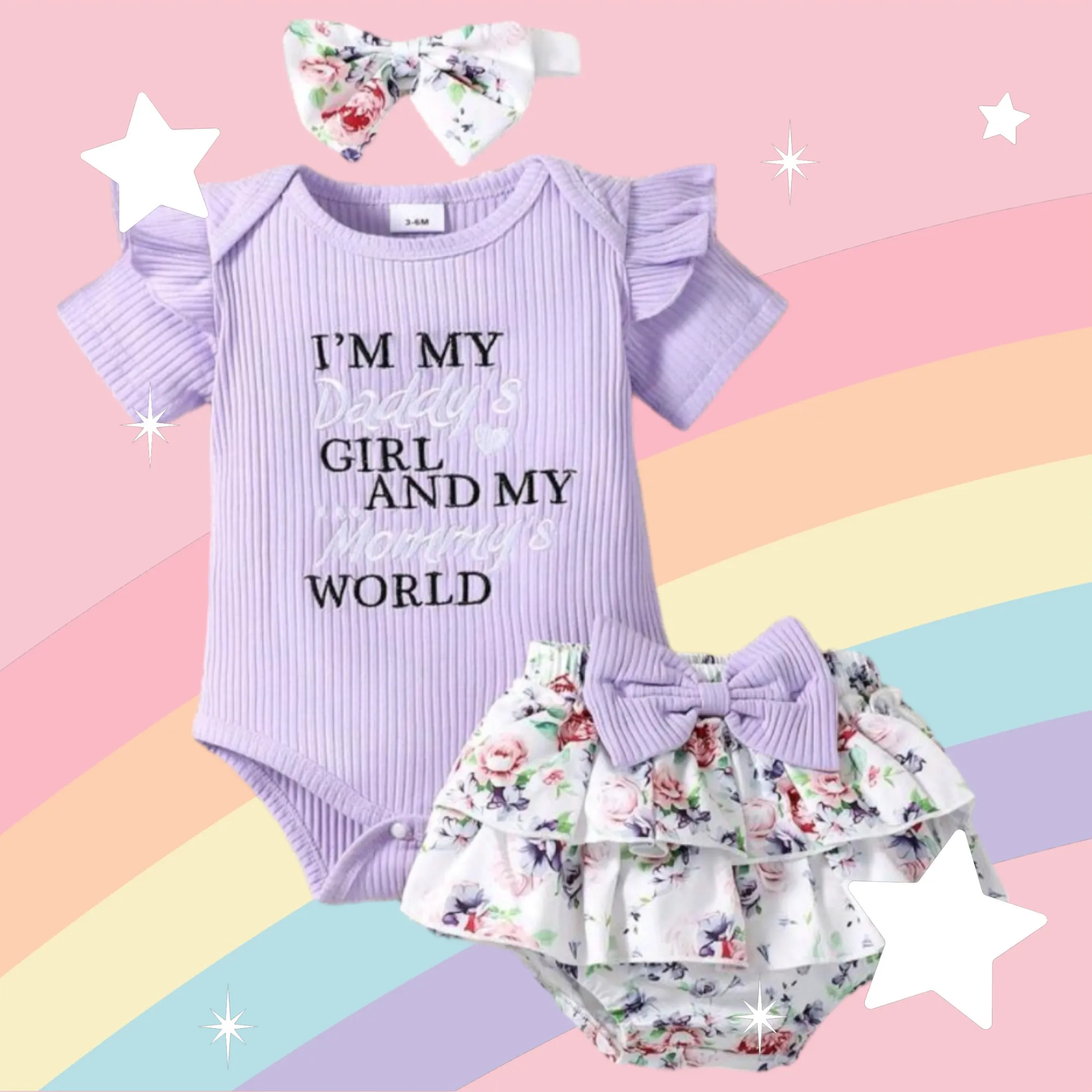 Daddy's Girl Mommy's World Purple Ruffle Romper with Floral Bloomer and Headband  #1000860