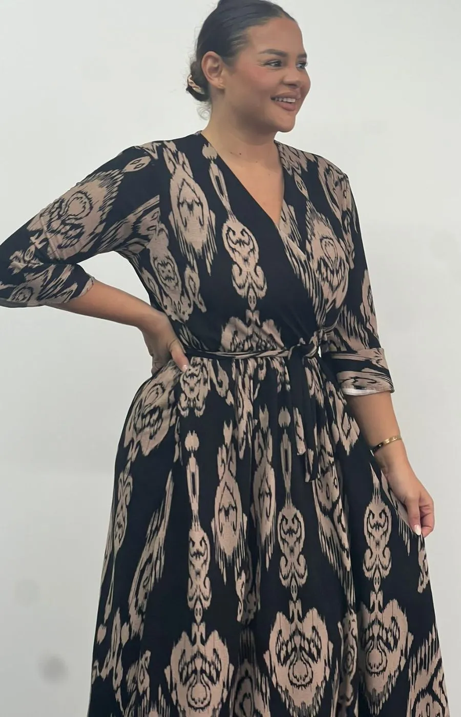 Dani Faux Wrap 3/4 Sleeve Dress in Black and Taupe Print