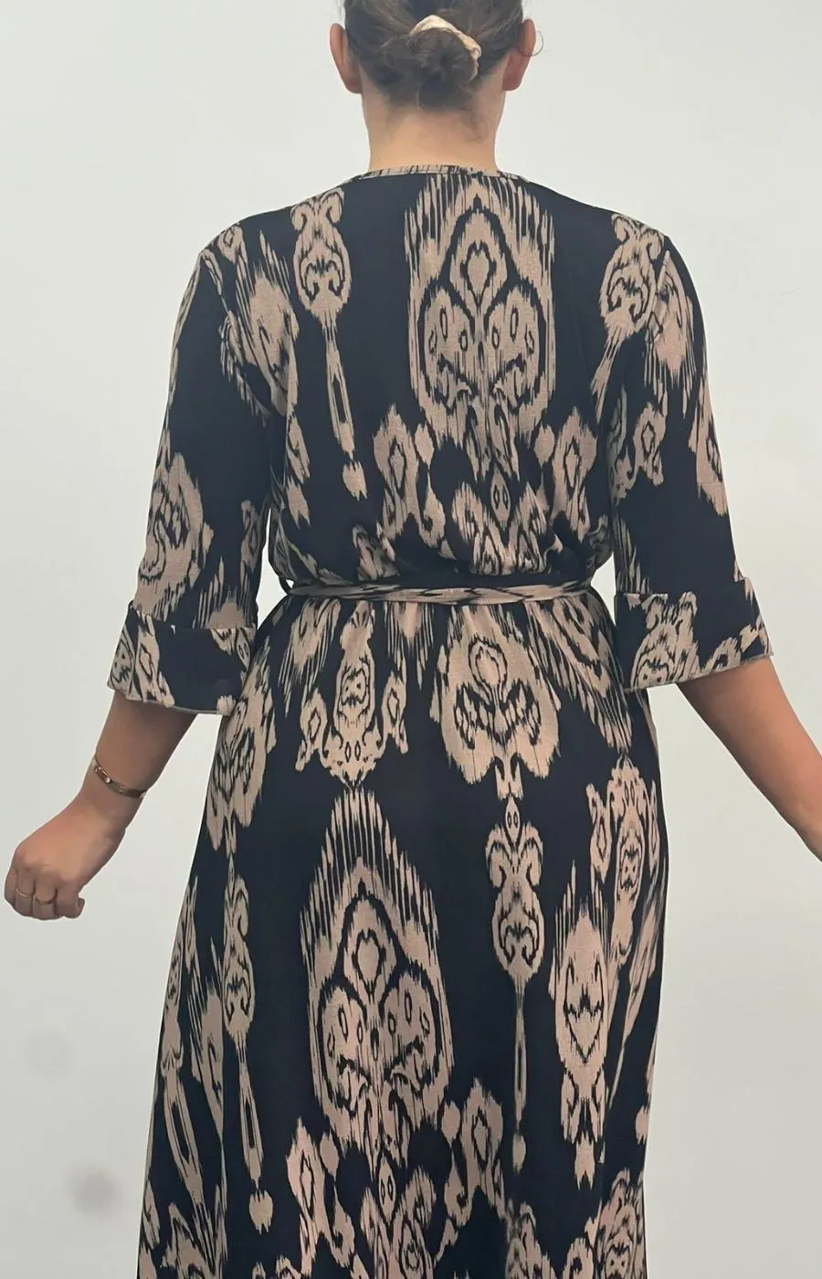 Dani Faux Wrap 3/4 Sleeve Dress in Black and Taupe Print