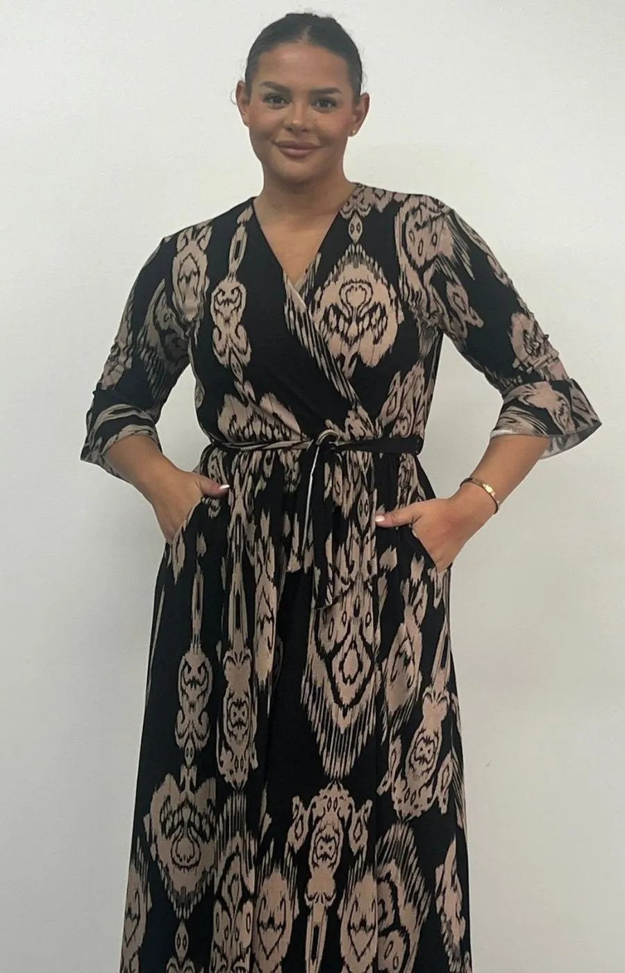 Dani Faux Wrap 3/4 Sleeve Dress in Black and Taupe Print