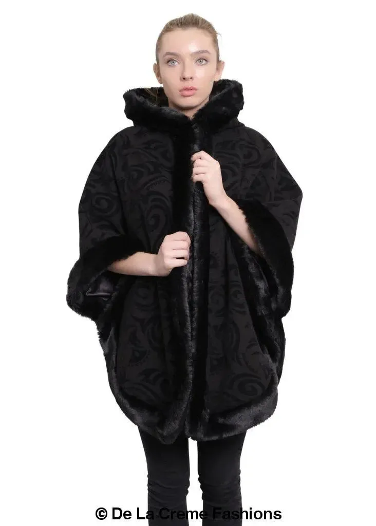 De La Creme - Women's Tribal Print Fur Lined Hooded Cape