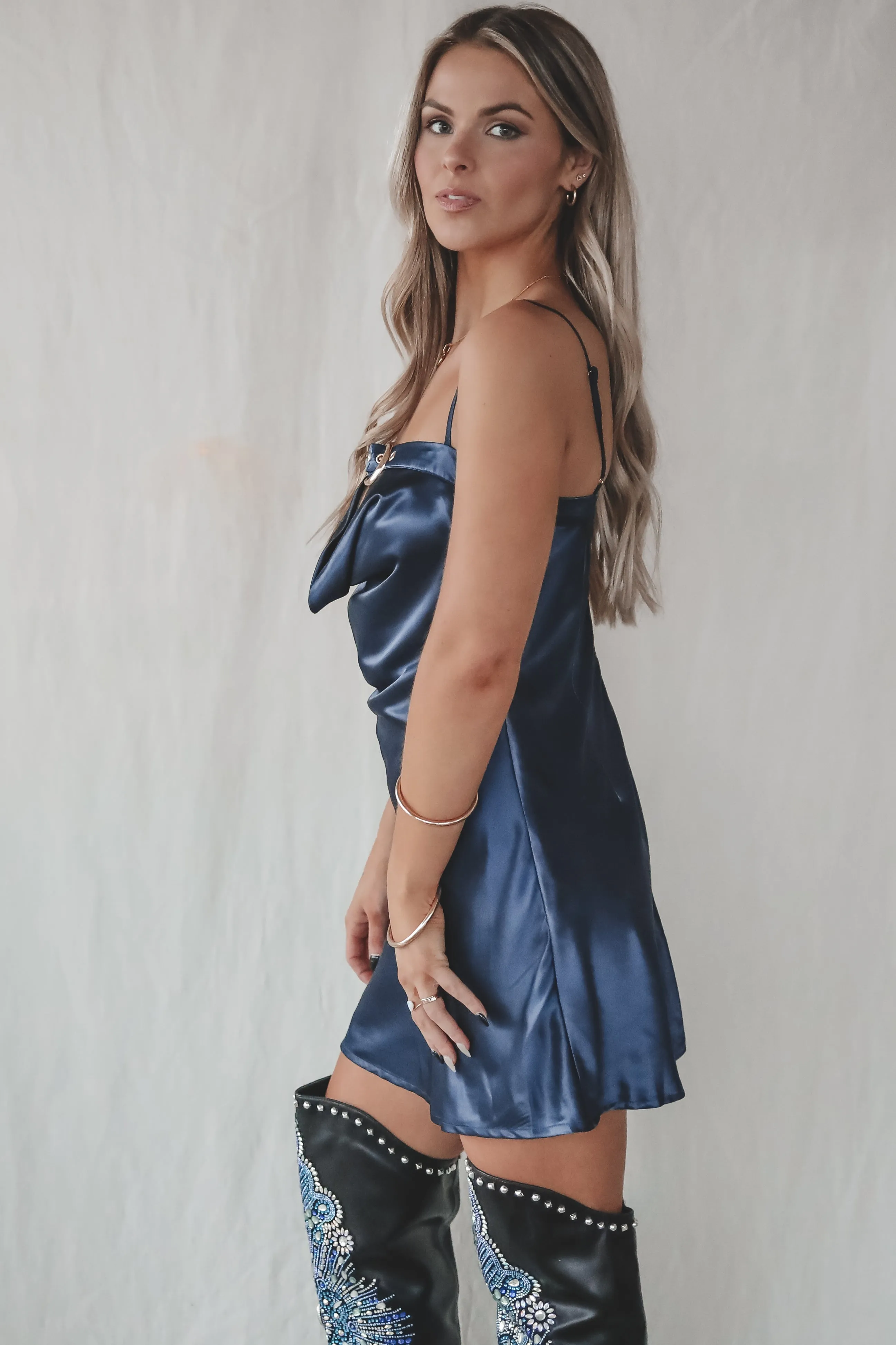 DEAL Hooked On You Buckle Satin Slip Mini Dress