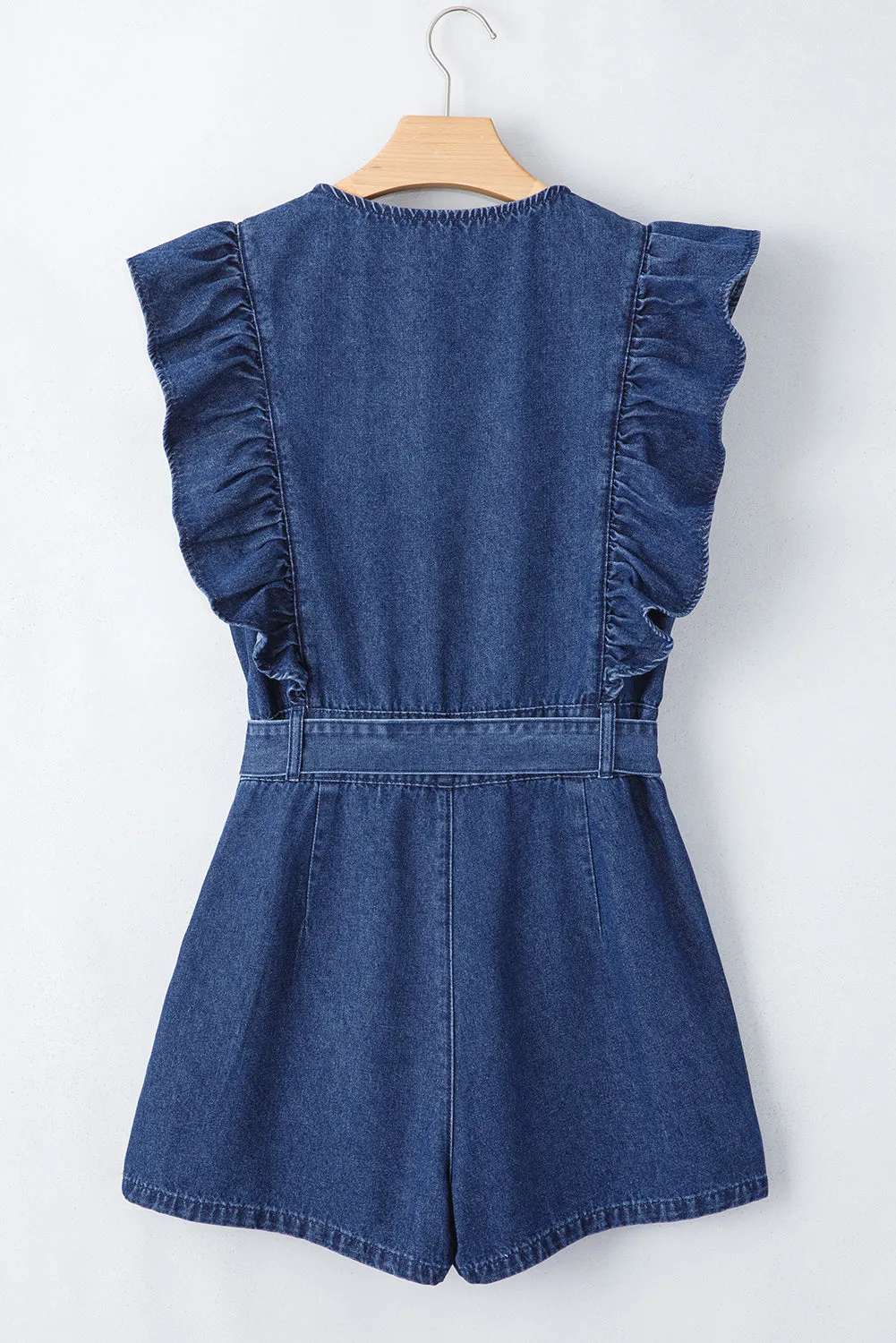 Denim Ruffle Belted Zip-Up Romper