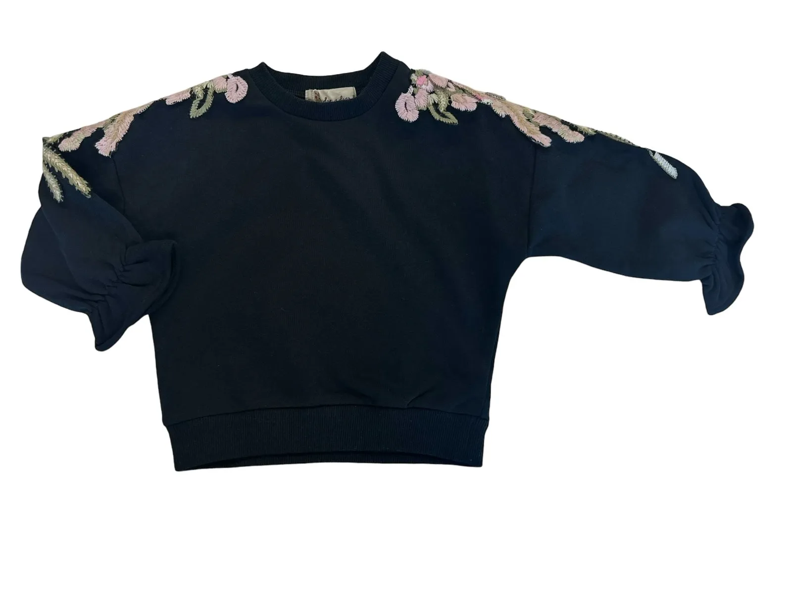 Doe a Dear Girls Black Flower Embroidered Sweatshirt